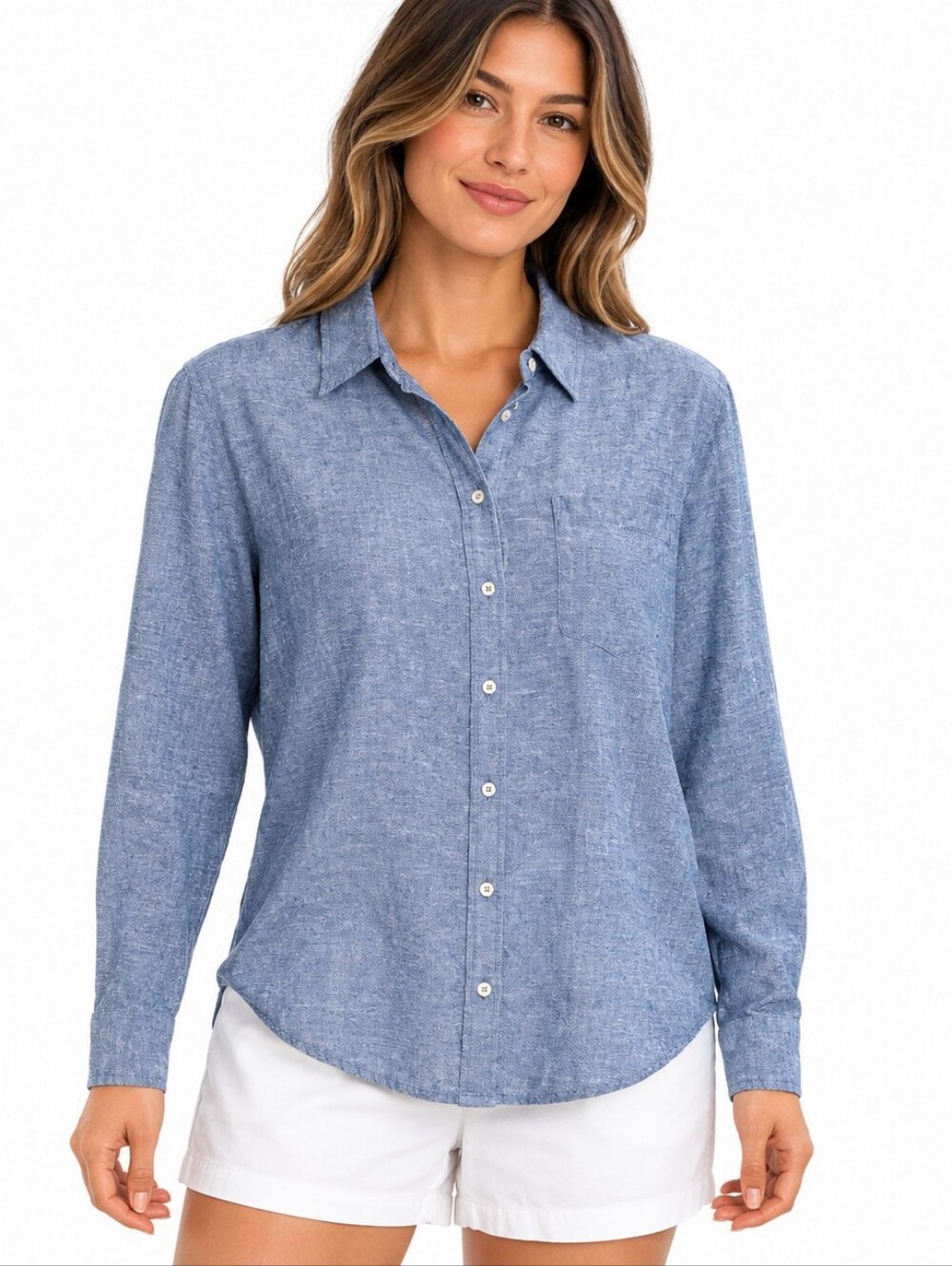 GAP Women's Blue Crosshatch Linen Rayon Relaxed Button Down Shirt Size Medium